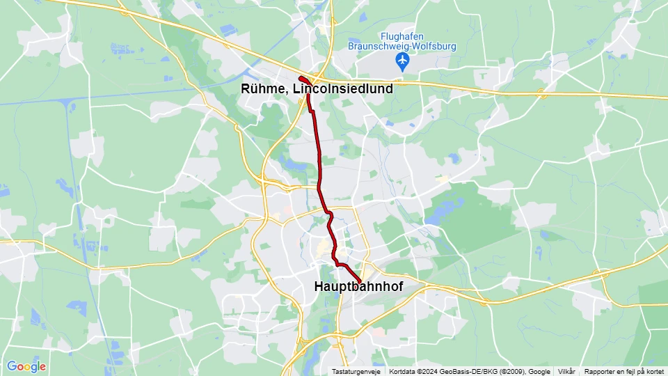 Braunschweig ekstralinje 10: Hauptbahnhof - Rühme, Lincolnsiedlund linjekort