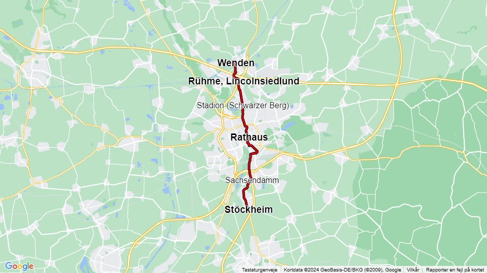 Braunschweig sporvognslinje 1: Stöckheim - Wenden linjekort