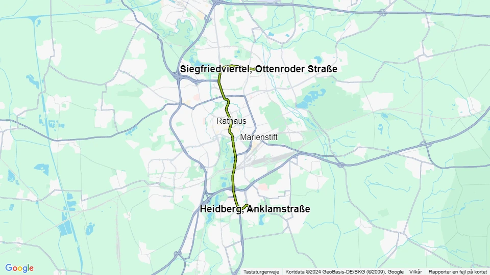 Braunschweig sporvognslinje 2: Heidberg, Anklamstraße - Siegfriedviertel, Ottenroder Straße linjekort