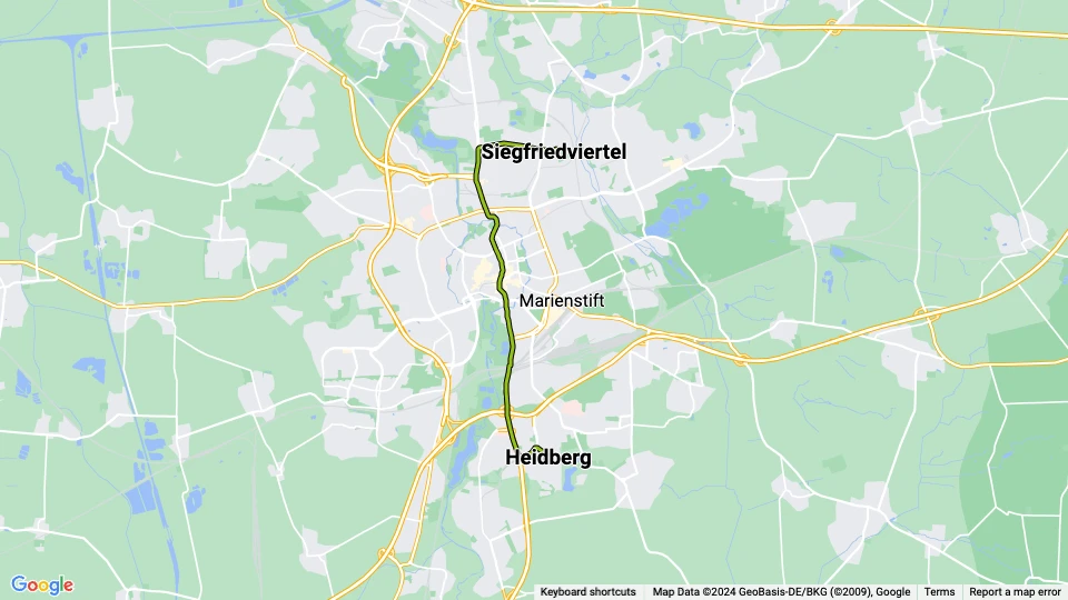 Braunschweig sporvognslinje 2: Heidberg - Siegfriedviertel linjekort