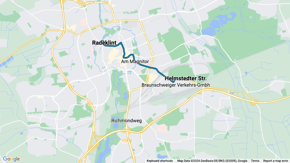 Braunschweig sporvognslinje 4: Helmstedter Str. - Radeklint linjekort
