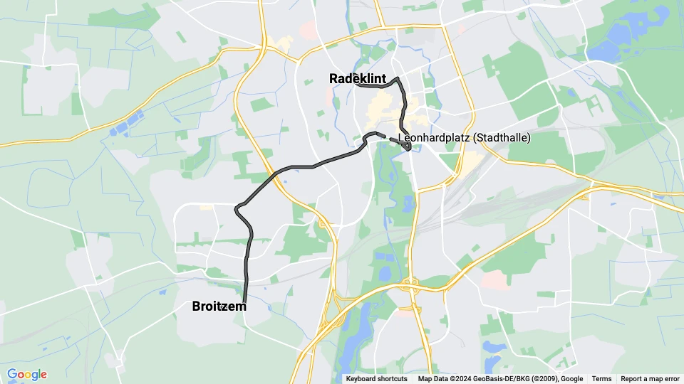 Braunschweig sporvognslinje 9: Radeklint - Broitzem linjekort