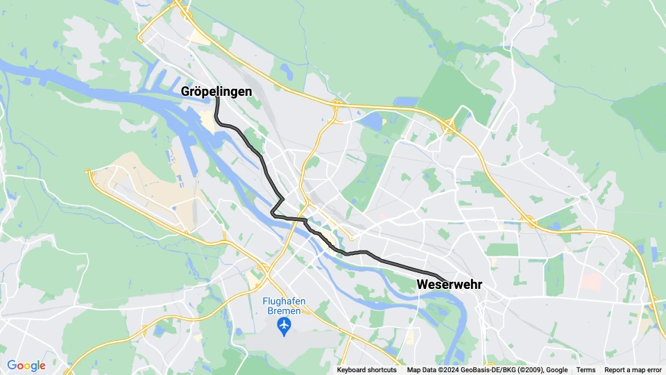 Bremen ekstralinje 3E: Gröpelingen - Weserwehr linjekort