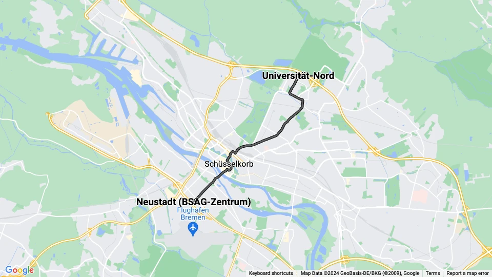 Bremen ekstralinje 6E: Universität-Nord - Neustadt (BSAG-Zentrum) linjekort