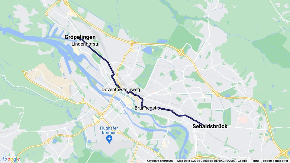 Bremen sporvognslinje 10: Sebaldsbrück - Gröpelingen linjekort