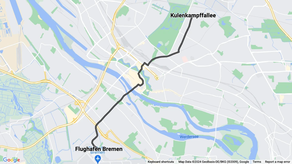 Bremen sporvognslinje 15: Kulenkampffallee - Flughafen Bremen linjekort