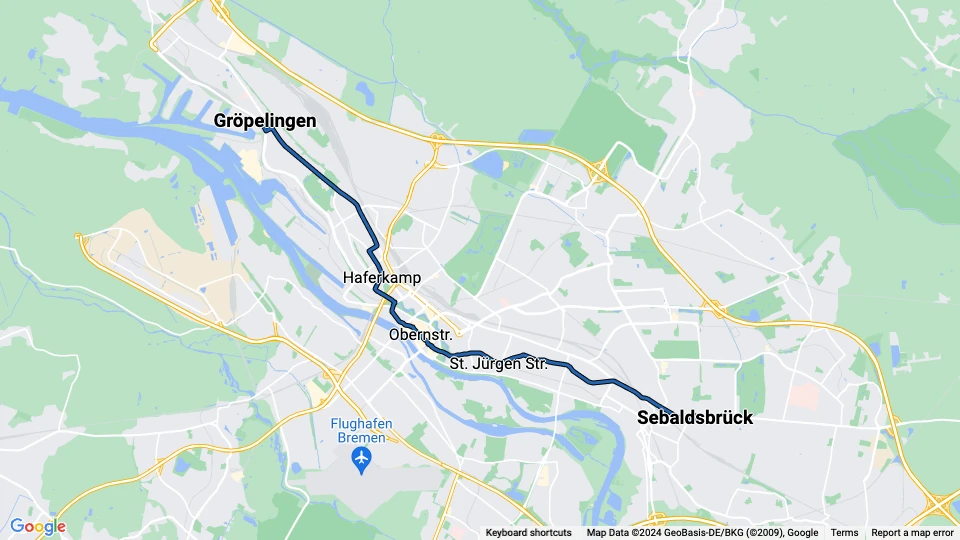 Bremen sporvognslinje 2: Sebaldsbrück - Gröpelingen linjekort