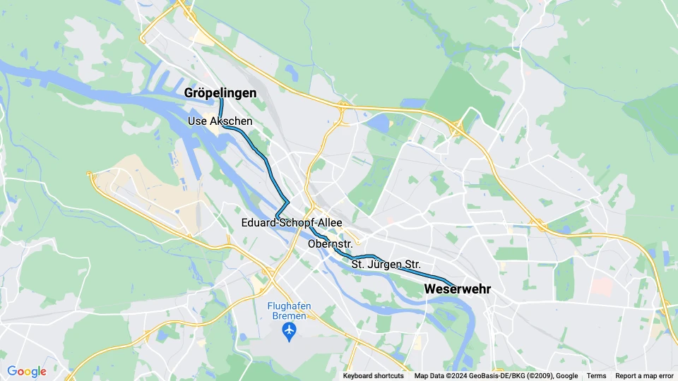 Bremen sporvognslinje 3: Gröpelingen - Weserwehr linjekort