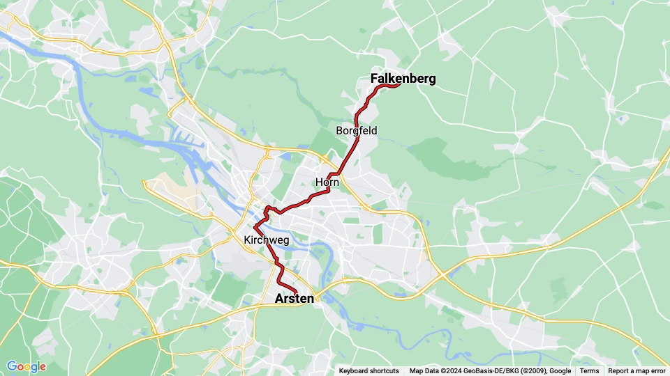 Bremen sporvognslinje 4: Arsten - Falkenberg linjekort