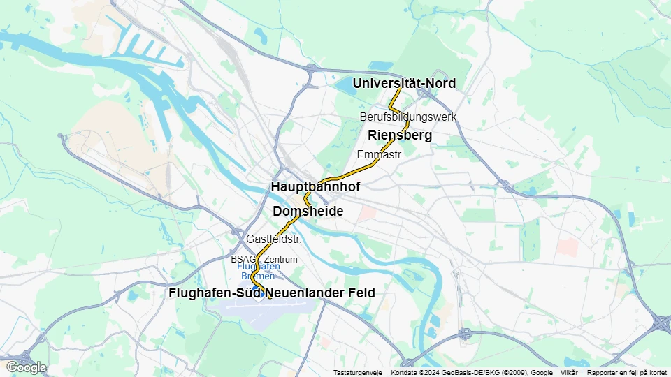 Bremen sporvognslinje 6: Flughafen-Süd Neuenlander Feld - Universität-Nord linjekort