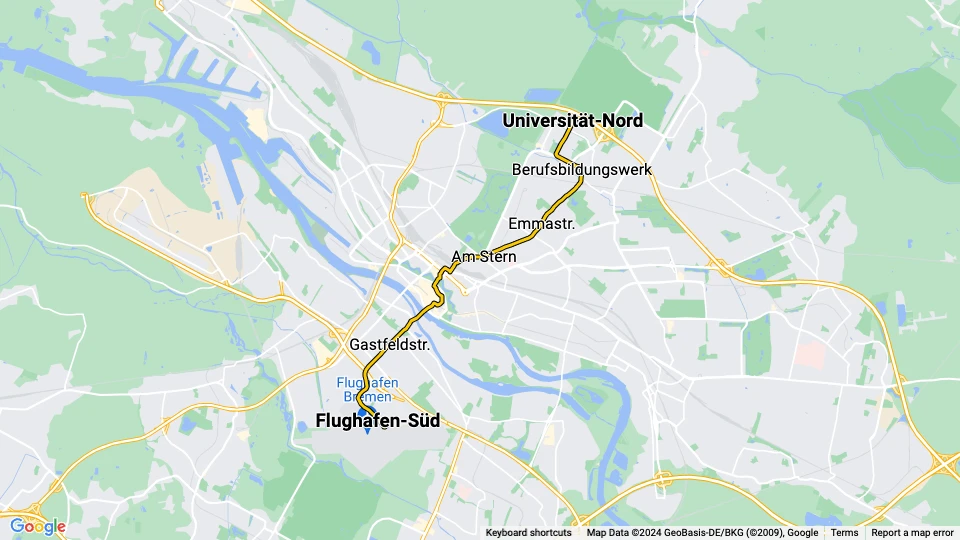 Bremen sporvognslinje 6: Flughafen-Süd - Universität-Nord linjekort