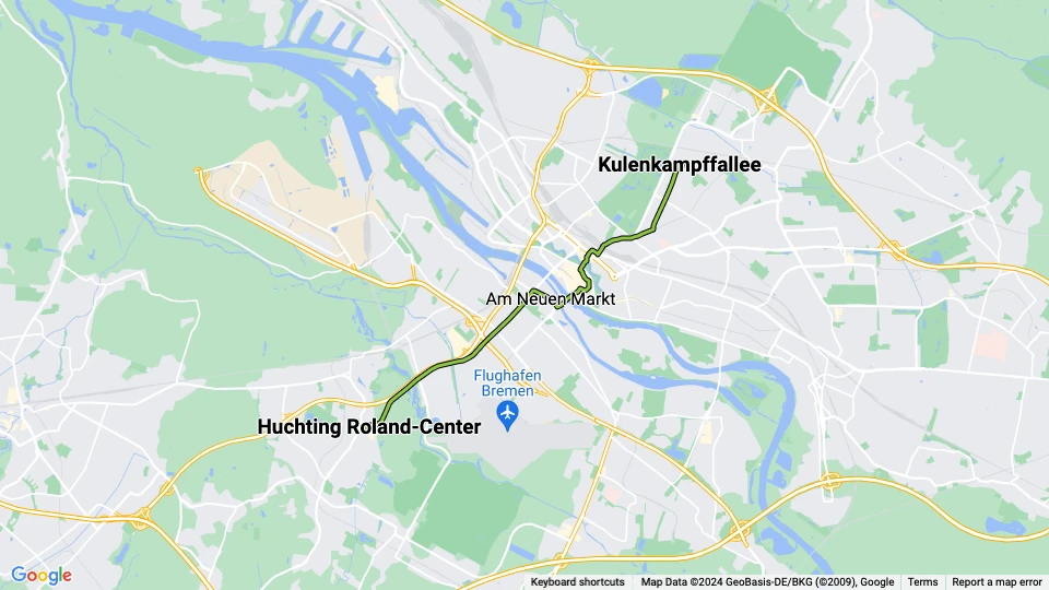 Bremen sporvognslinje 8: Huchting Roland-Center - Kulenkampffallee linjekort