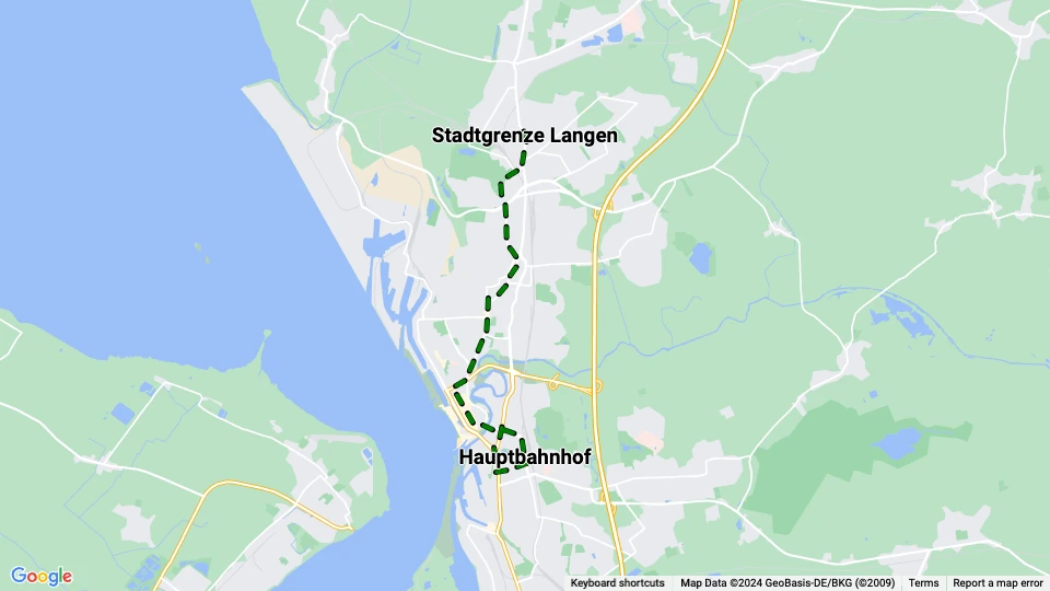 Bremerhaven sporvognslinje 2: Stadtgrenze Langen - Hauptbahnhof linjekort