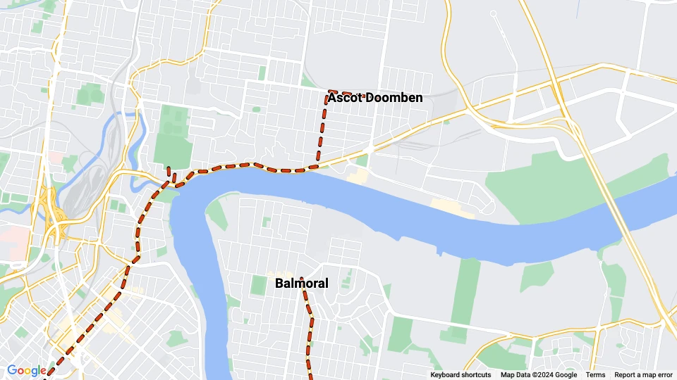 Brisbane sporvognslinje 60: Ascot Doomben - Balmoral linjekort