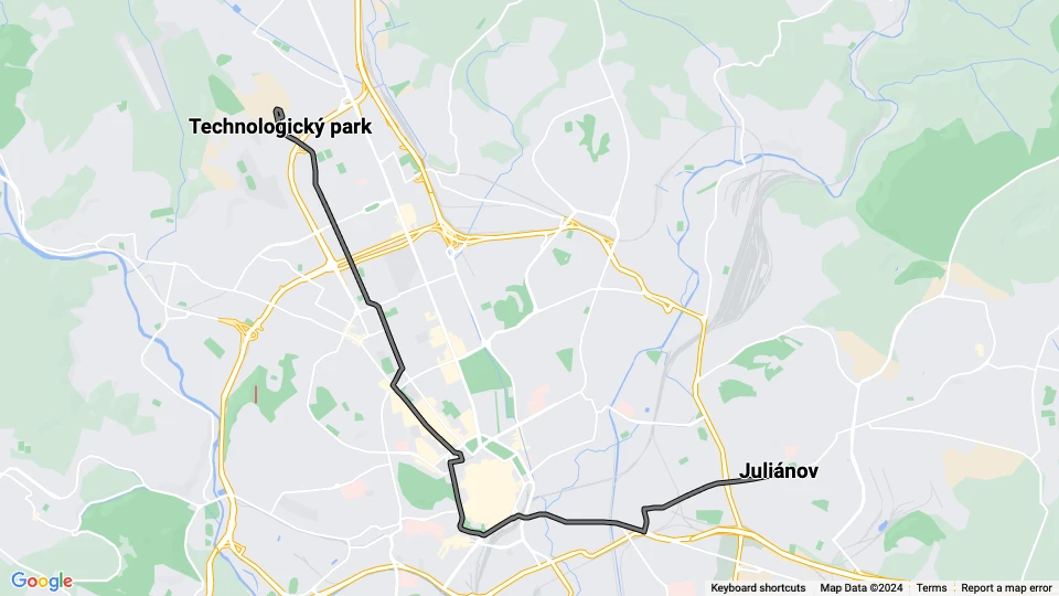 Brno sporvognslinje 13: Juliánov - Technologický park linjekort