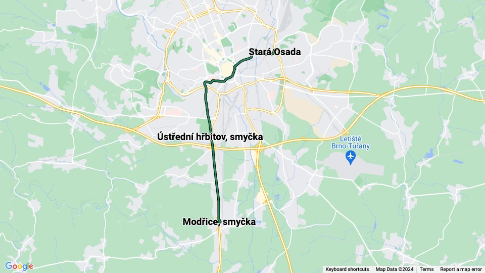 Brno sporvognslinje 2 linjekort