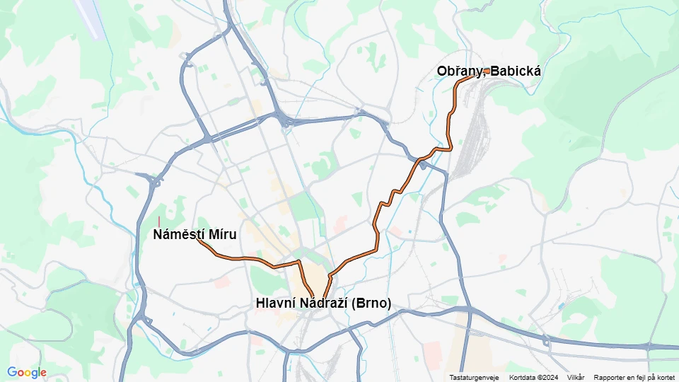Brno sporvognslinje 4: Náměstí Míru - Obřany, Babická linjekort
