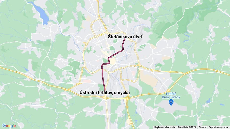 Brno sporvognslinje 5: Štefánikova čtvrť - Ústřední hřbitov, smyčka linjekort