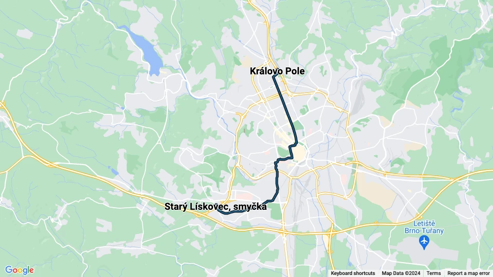 Brno sporvognslinje 6: Královo Pole - Starý Lískovec, smyčka linjekort