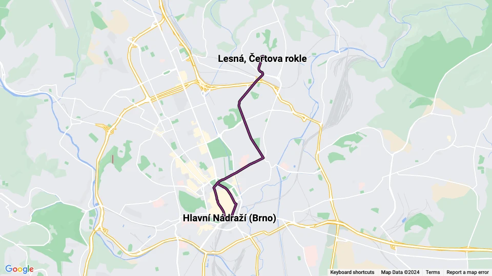 Brno sporvognslinje 9: Lesná, Čertova rokle - Hlavní Nádraží (Brno) linjekort