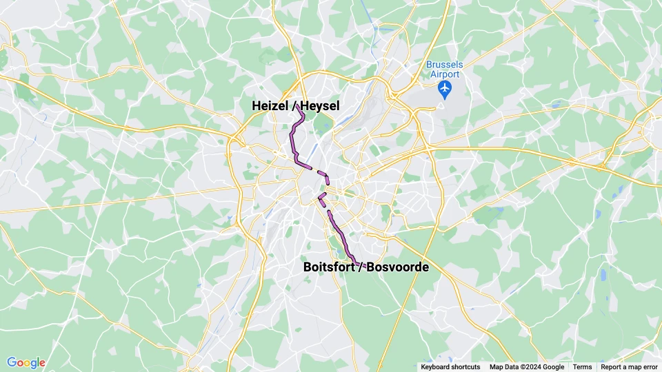Bruxelles sporvognslinje 16: Heizel / Heysel - Boitsfort / Bosvoorde linjekort