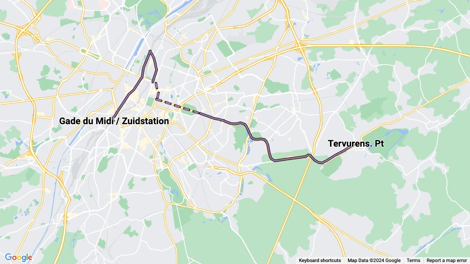 Bruxelles sporvognslinje 74: Gade du Midi / Zuidstation - Tervurens. Pt linjekort