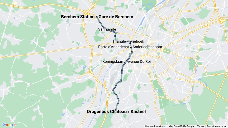Bruxelles sporvognslinje 82: Berchem Station / Gare de Berchem - Drogenbos Château / Kasteel linjekort