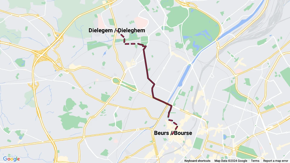Bruxelles sporvognslinje 88: Dielegem / Dieleghem - Beurs / Bourse linjekort
