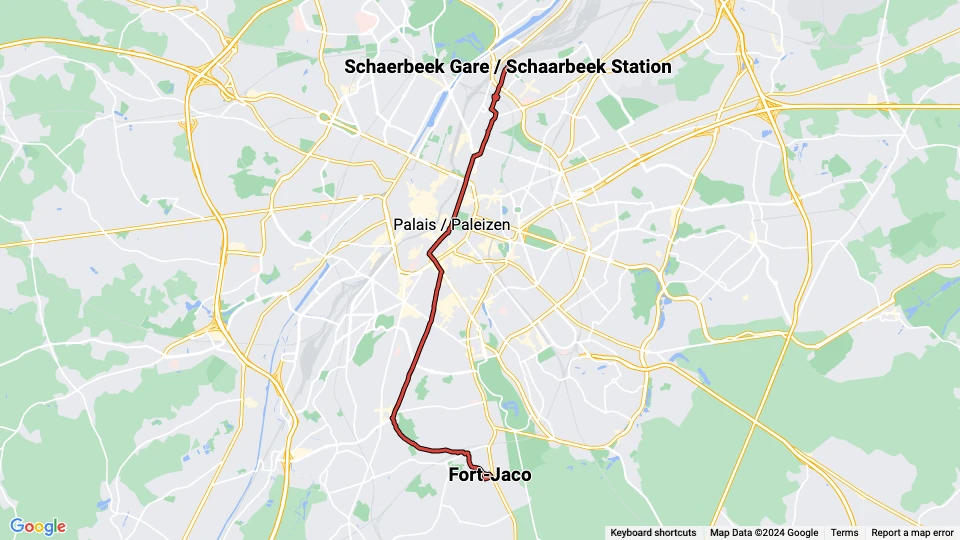 Bruxelles sporvognslinje 92: Fort-Jaco - Schaerbeek Gare / Schaarbeek Station linjekort