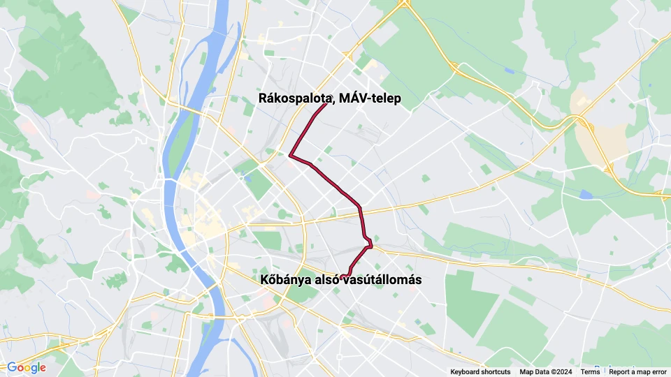 Budapest ekstralinje 62A: Kőbánya alsó vasútállomás - Rákospalota, MÁV-telep linjekort