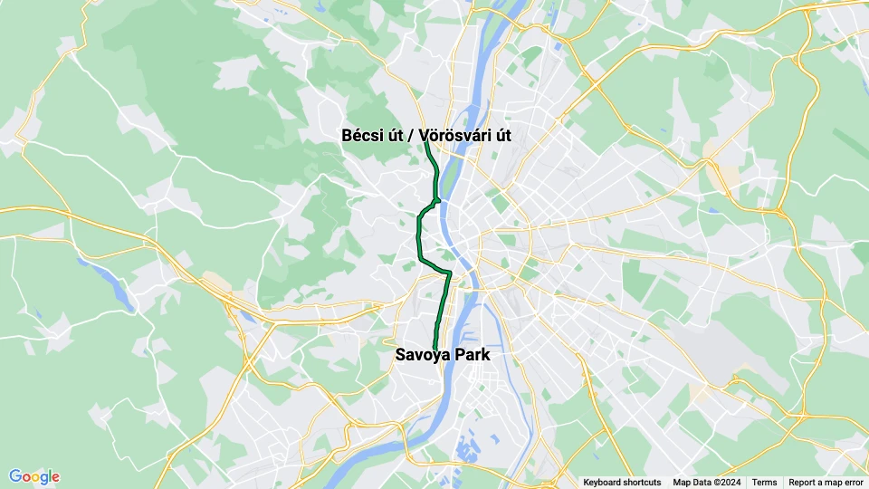 Budapest sporvognslinje 17: Bécsi út / Vörösvári út - Savoya Park linjekort