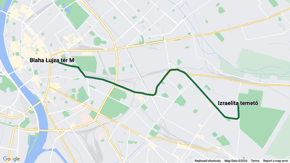 Budapest sporvognslinje 28: Blaha Lujza tér M - Izraelita temető linjekort