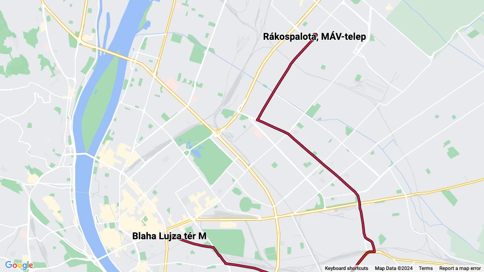 Budapest sporvognslinje 62: Rákospalota, MÁV-telep - Blaha Lujza tér M linjekort