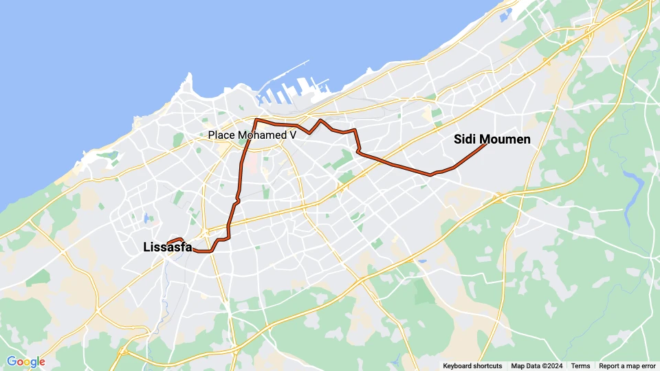 Casablanca sporvognslinje T1: Sidi Moumen - Lissasfa linjekort