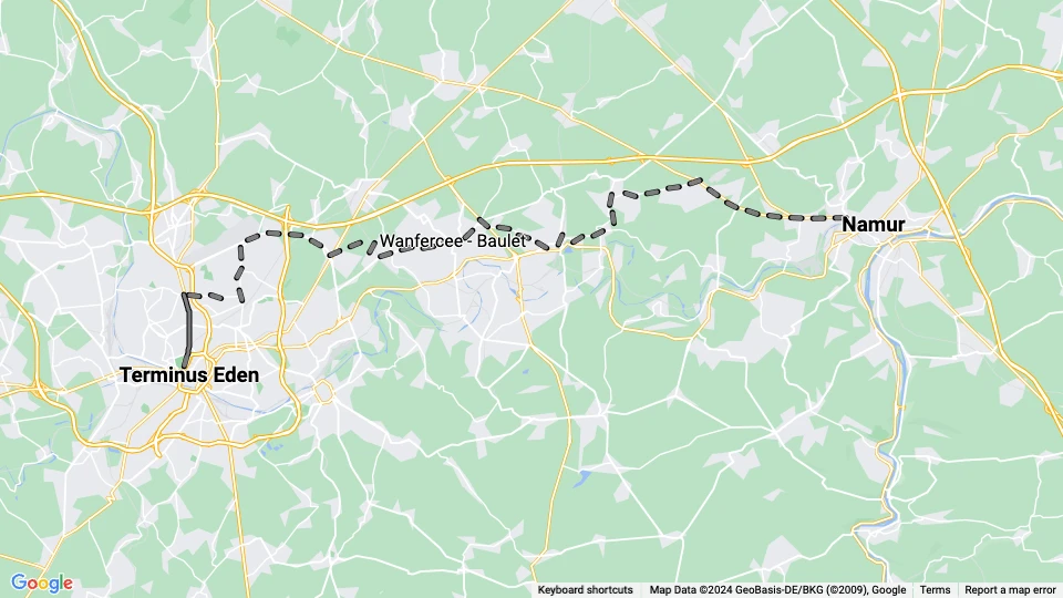 Charleroi sporvognslinje 67: Terminus Eden - Namur linjekort