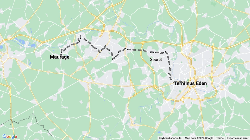 Charleroi sporvognslinje 80: Terminus Eden - Maurage linjekort