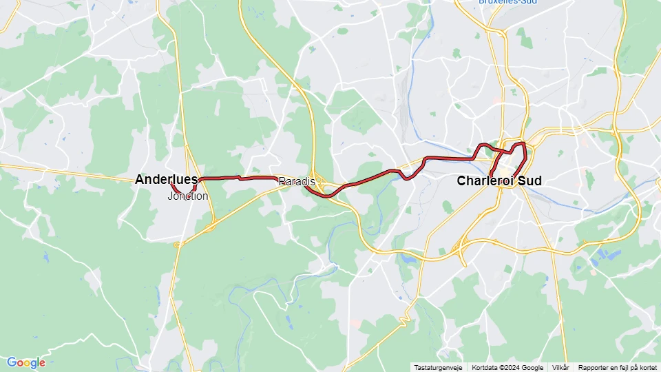 Charleroi sporvognslinje M1: Anderlues - Charleroi Sud linjekort