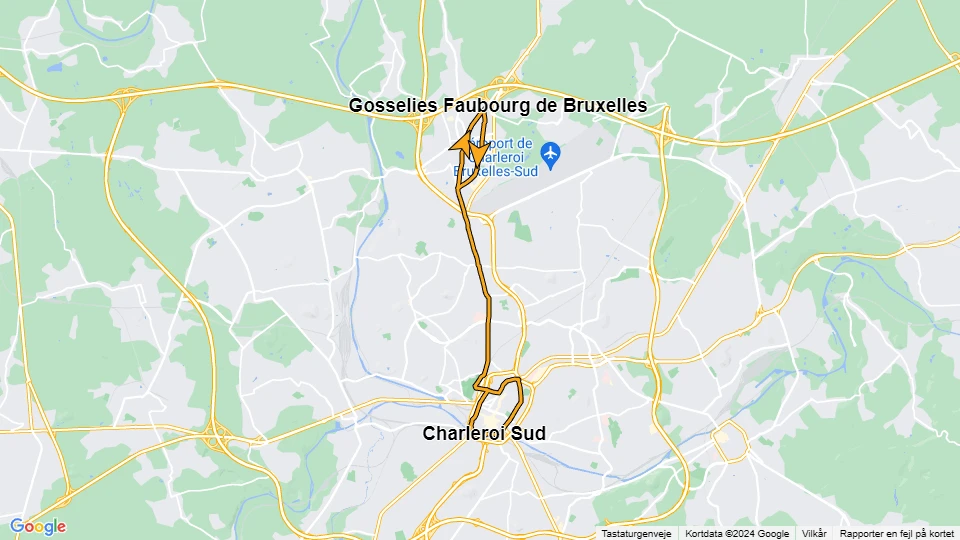 Charleroi sporvognslinje M3: Charleroi Sud - Gosselies Faubourg de Bruxelles linjekort
