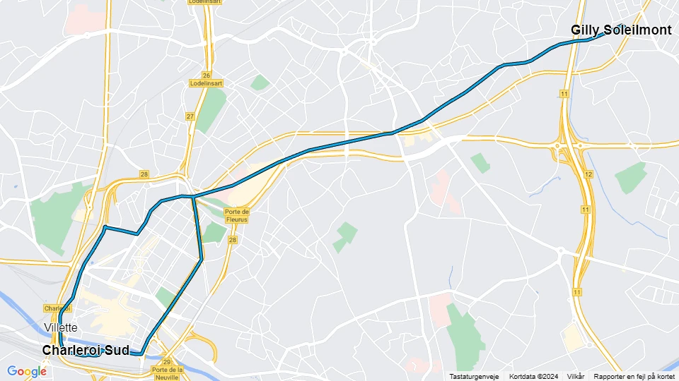 Charleroi sporvognslinje M4: Charleroi Sud - Gilly Soleilmont linjekort
