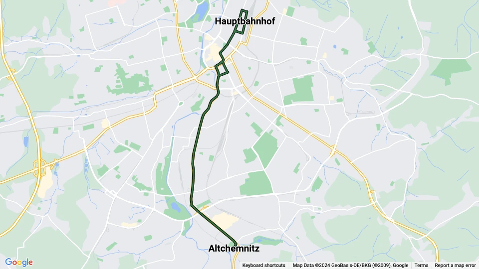 Chemnitz ekstralinje 6: Hauptbahnhof - Altchemnitz linjekort