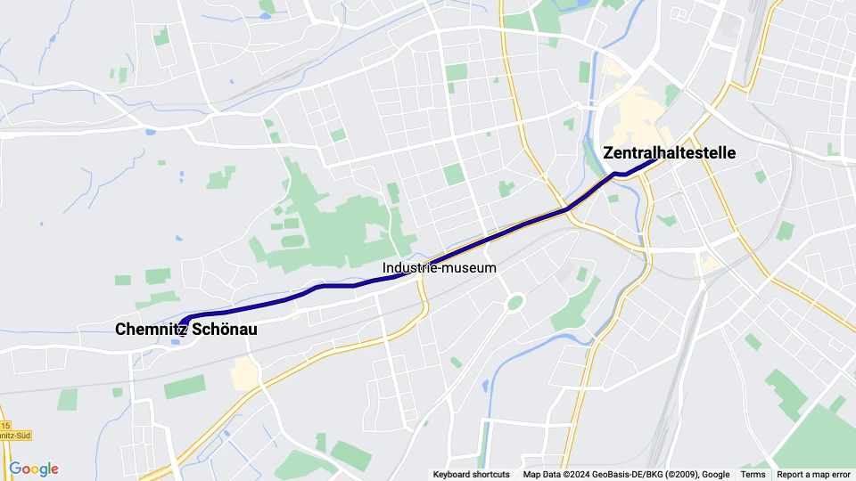 Chemnitz sporvognslinje 1: Zentralhaltestelle - Chemnitz Schönau linjekort