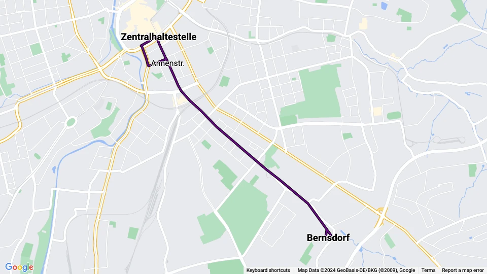 Chemnitz sporvognslinje 2: Zentralhaltestelle - Bernsdorf linjekort