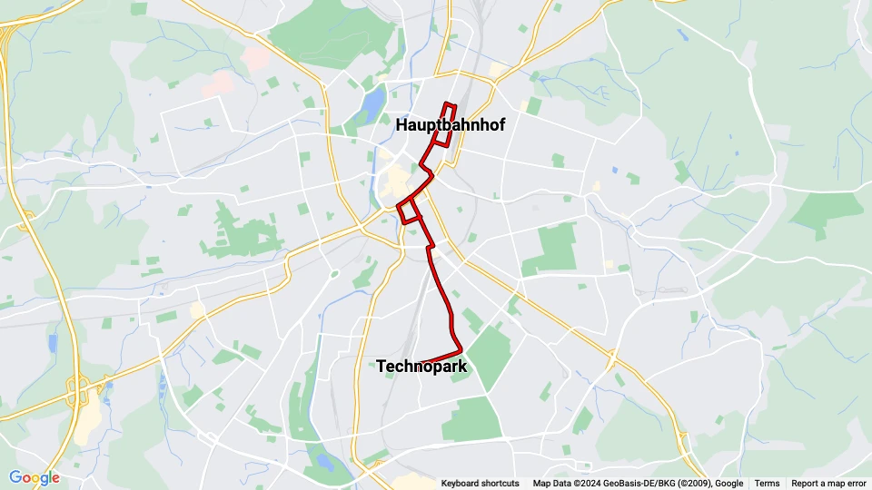 Chemnitz sporvognslinje 3: Hauptbahnhof - Technopark linjekort
