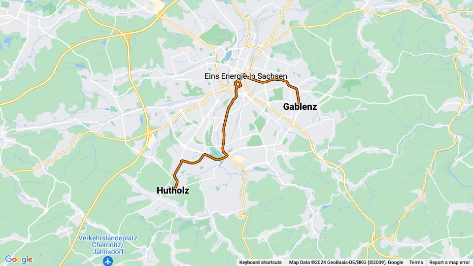 Chemnitz sporvognslinje 5: Hutholz - Gablenz linjekort