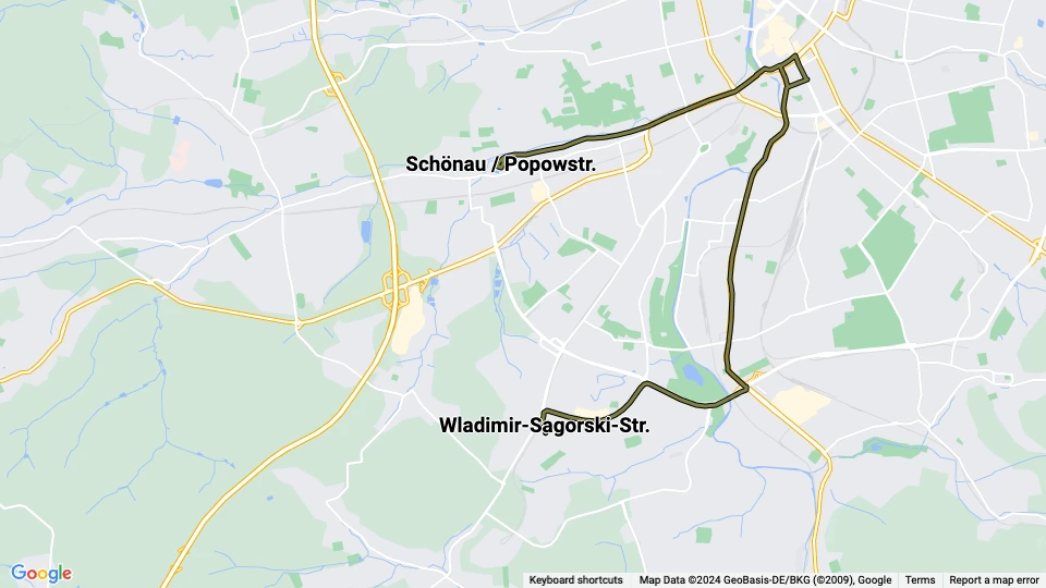 Chemnitz sporvognslinje 8: Wladimir-Sagorski-Str. - Schönau / Popowstr. linjekort