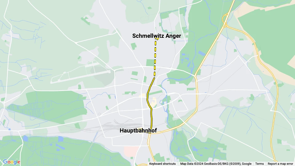 Cottbus sporvognslinje 1: Schmellwitz Anger - Hauptbahnhof linjekort