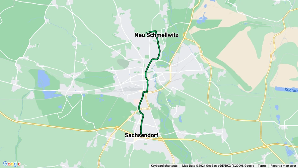 Cottbus sporvognslinje 4: Betriebshof Schmellwitz - Sachsendorf linjekort
