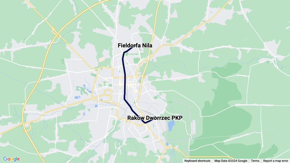 Częstochowa sporvognslinje 2: Fieldorfa Nila - Raków Dworrzec PKP linjekort