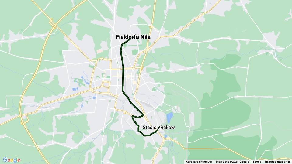 Częstochowa sporvognslinje 3: Fieldorfa Nila - Stadion Raków linjekort