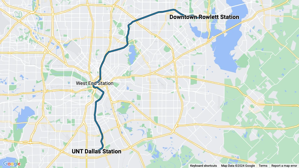 Dallas linje Blå: UNT Dallas Station - Downtown Rowlett Station linjekort